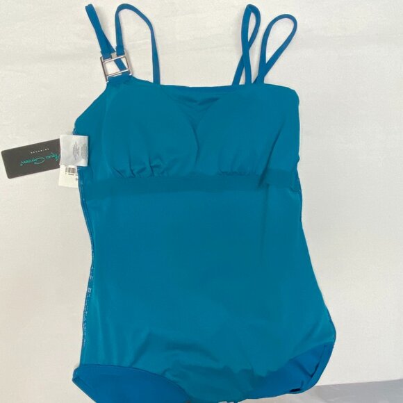 Aqua Green Double Strap High Asymmetrical Neck One Piece Swimsuit Teal NWT - Picture 10 of 12
